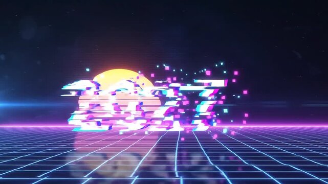 Retro Glitch Year Collapse: Neon 2027 breaks into VHS distortions as the 7 glitches and rebuilds into 8 over a vibrant synth wave grid.