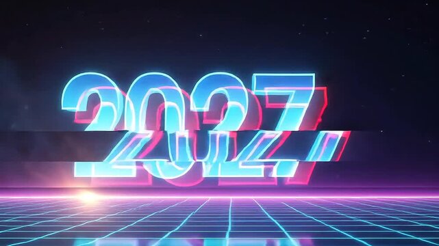 Synth wave Signal Breakdown: A bold 2027 fractures through RGB shifts, scanline glitches and analog noise before reforming as 2028.
