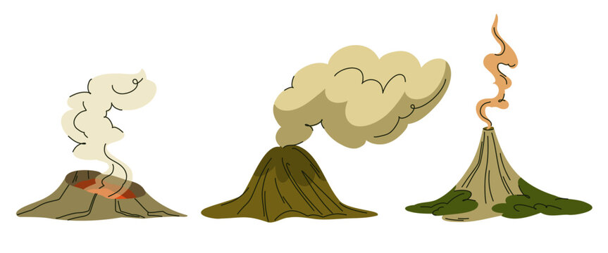 Volcanic Cones Releasing Smoke, Steam and Ash Clouds in Different Eruption Stages, Hand Drawn Volcano Illustration for Geology Lessons Earth Science Presentations, Educational Posters and Infographics