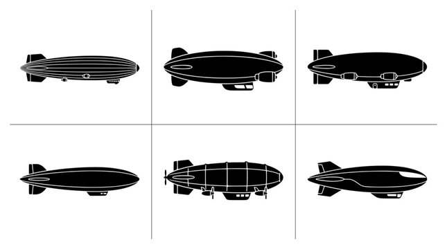 Zeppelin silhouettes set with airships and blimps for travel and transport
