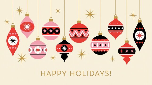 Retro christmas ornaments hanging with stars and happy holidays text on a light background with ornaments red