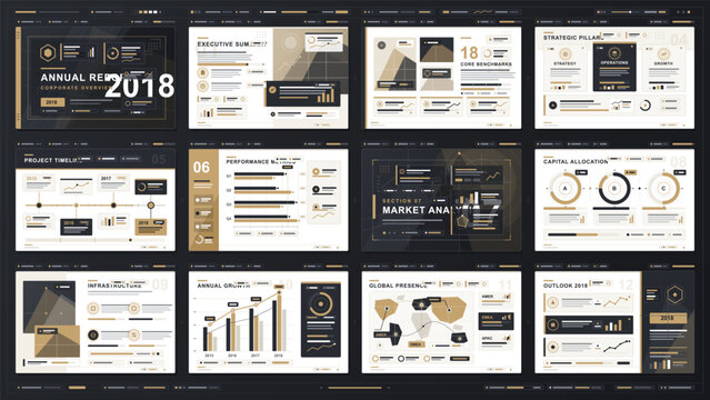 Corporate annual report presentation templates for 2018 arranged in a grid with business charts timelines maps and infographic panels in navy cream and muted gold