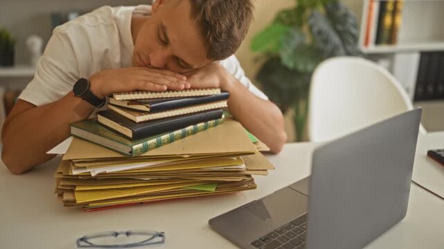 Young man sleeping with head on a stack of notebooks and books beside a laptop on a desk in a building study; fatigue concentration.