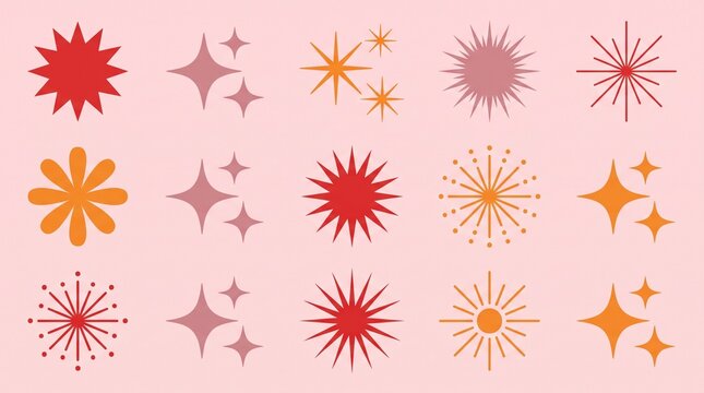 Collection of retro starburst and sparkle icons in red and orange on a light pink background with set