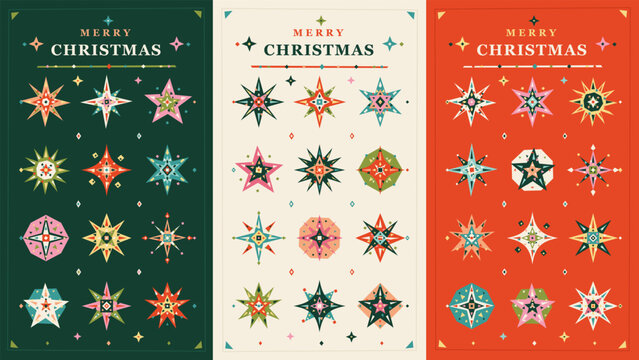 Christmas poster trio with Merry Christmas lettering and colorful geometric star ornaments arranged in rows across deep green cream and red backgrounds