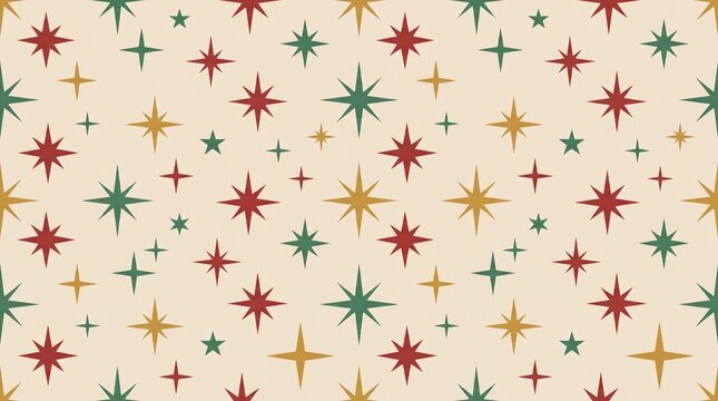 Seamless background pattern featuring red green and gold starburst shapes on a light beige surface with retro