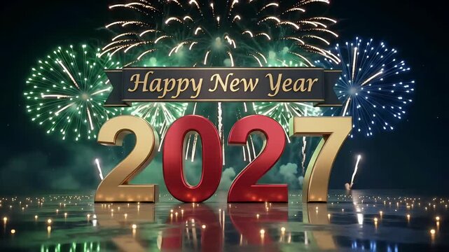 2027 fireworks celebration background, new year typography 3d render motion graphic loop
