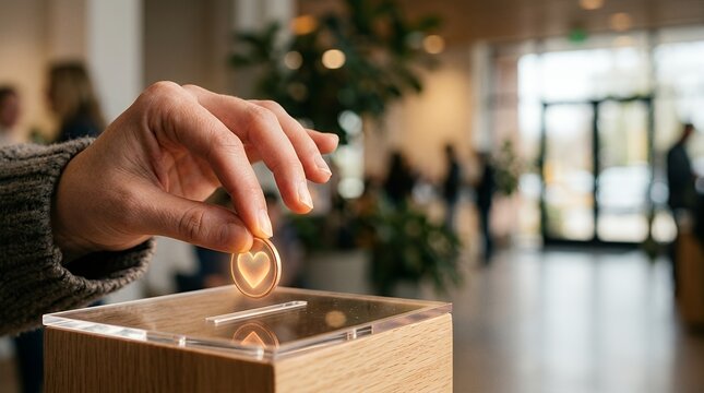 Close-up of a hand inserting a coin with a glowing heart symbol into a donation box, representing philanthropy, kindness, and social responsibility in a community setting.