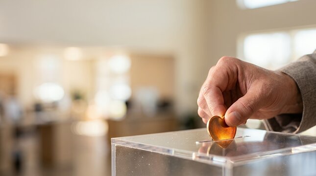 A person dropping a gold coin into a clear donation box for charity.