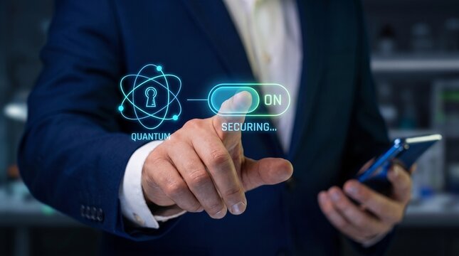  quantum encryption security system and post-quantum cryptography protection. corporate specialist enabling cyber defense switch on holographic interface in data center.