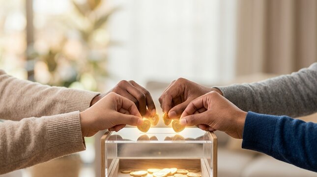 Diverse group of people placing heart shaped tokens into a donation box.