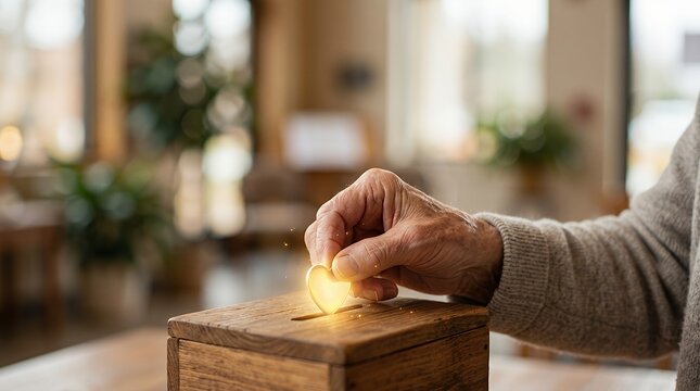 Close up of an elderly person hand putting a heart shaped coin into a wooden donation box.