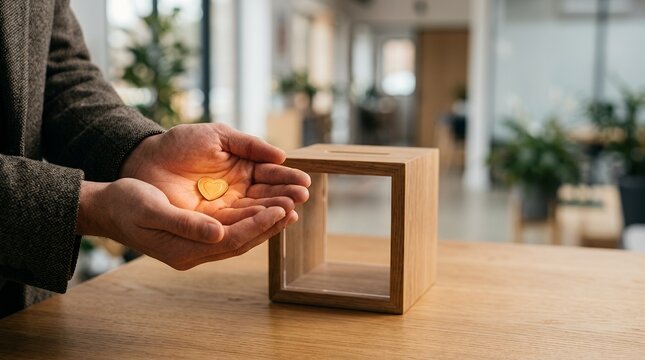 A person holding a glowing golden heart symbol next to a wooden donation box.
