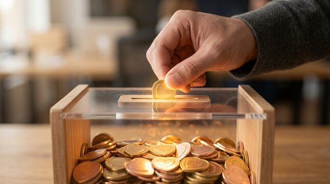A hand placing a gold coin into a wooden and glass donation box.