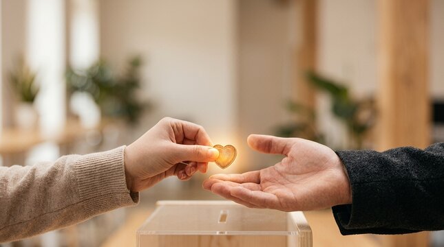 Close up of a person giving a glowing heart symbol to another person for charity.