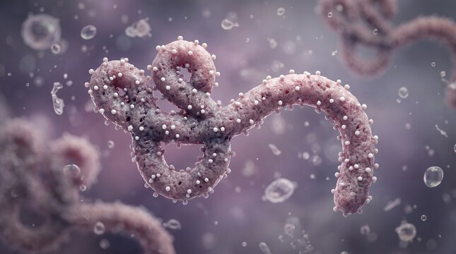 Close up of a filamentous virus particle suspended in a liquid medium under microscope view with microbiology