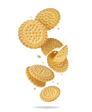 Crispy delicious biscuits with chocolate filling floating in the air on a white background