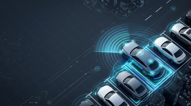 Autonomous vehicle parking in a smart city parking lot with digital sensor technology overlay.