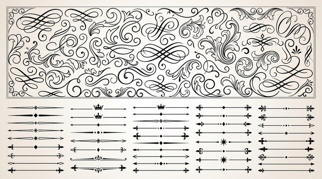 Set of vintage calligraphic flourishes and decorative horizontal line dividers on a light background with ink