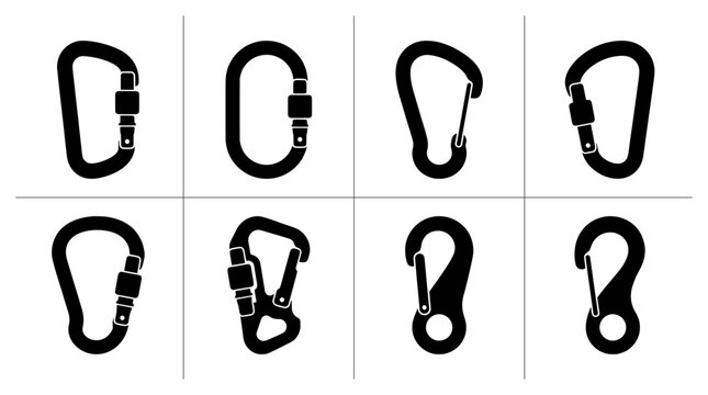 Carabiner silhouettes set with climbing hooks and locking clips for safety gear