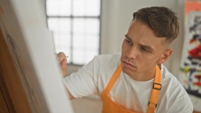 Man painting on canvas with brush and visible hand, wearing orange apron in studio under bright window light; concentration.
