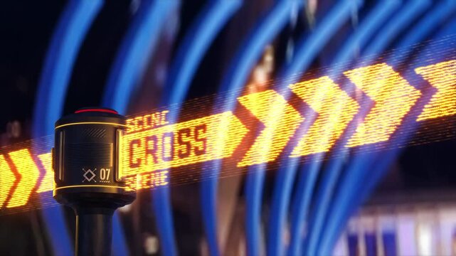 Futuristic holographic crime scene tape marking restricted area, police barrier