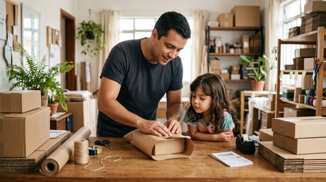 Father and daughter packaging gifts and parcels in a home office setting, preparing for shipping