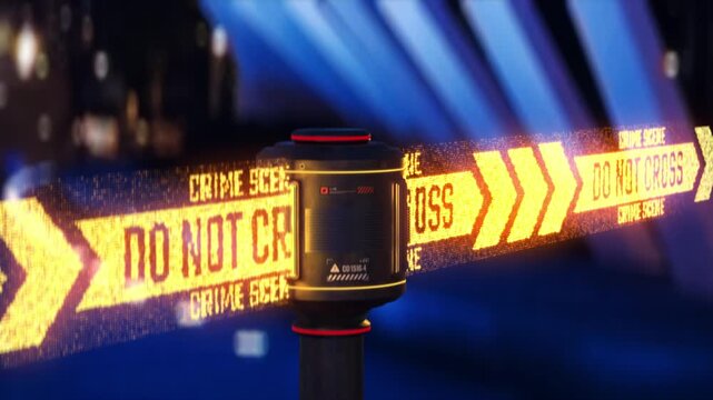 Holographic police barrier with crime scene warning, restricted access zone