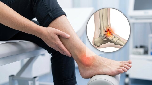 Patient holding a painful ankle with joint inflammation and an anatomical bone illustration