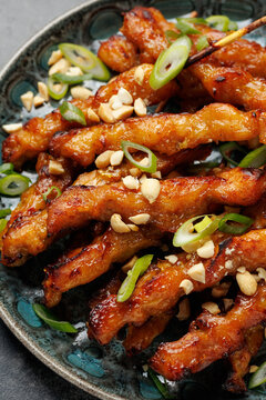 Grilled Chicken Satay Skewers with Peanuts, Spring Onions and Lime