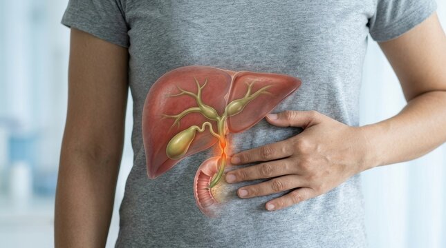 Abdominal discomfort concept with a hand over the torso and highlighted liver and gallbladder