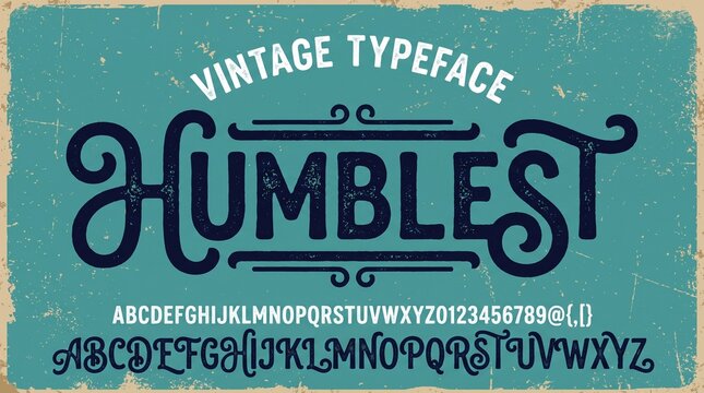 Vintage style typeface alphabet display with decorative script lettering on a textured teal background