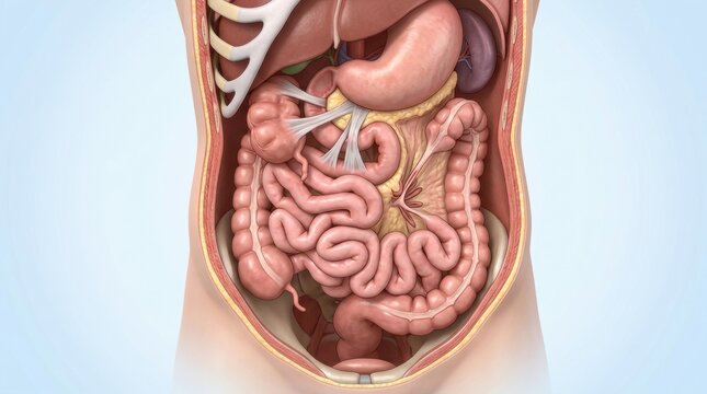 Detailed anatomical illustration of the human digestive system in an abdominal cutaway view