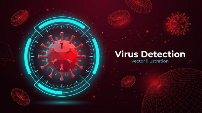 Red virus model inside a digital scanner circular interface on a dark red background with within glowing blue
