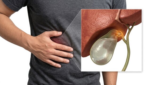 Man presses his abdomen beside a medical illustration of the gallbladder and bile ducts