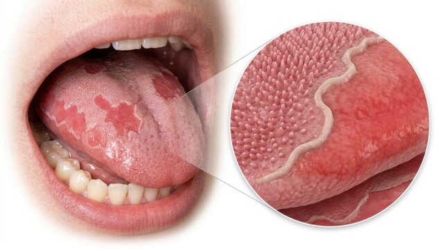 Geographic tongue with irregular red patches shown in a detailed medical illustration