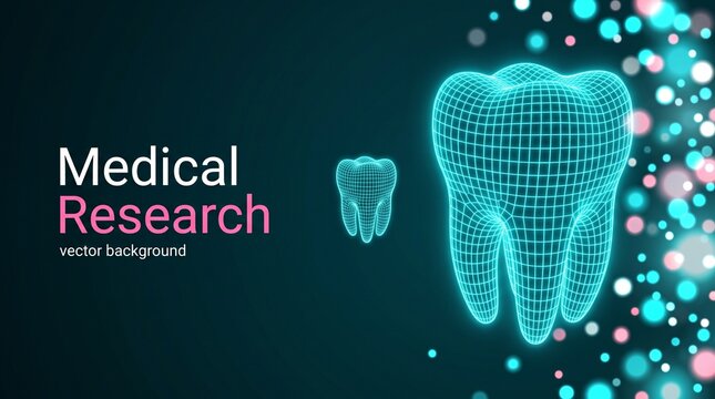 Digital wireframe teeth models floating against a dark background with glowing bokeh light particles