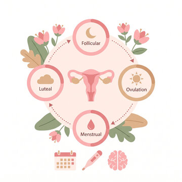 Circular flat illustration of female reproductive system and monthly menstrual cycle flow for health tracking