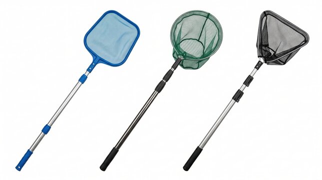 Three telescopic pool and fishing nets with blue, green, and black mesh heads and adjustable aluminum poles on a white background