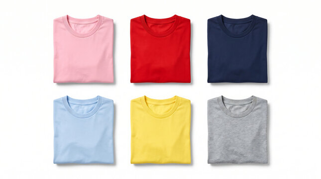 A collection of neatly folded multicolored t-shirts arranged in a grid layout on a white background for retail product photography.