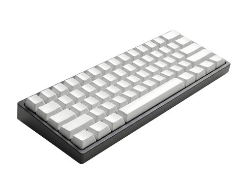 Mechanical keyboard featuring blank white keycaps and a dark case rests against a solid transparent background.