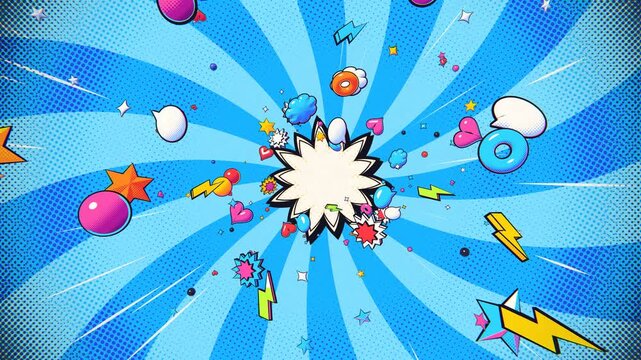 3D pop art comic background flying halftone starbursts speech bubbles and lightning bolts
