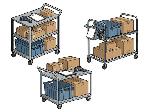 Warehouse Holiday Fulfillment Carts with Cardboard Boxes and Logistics Tools