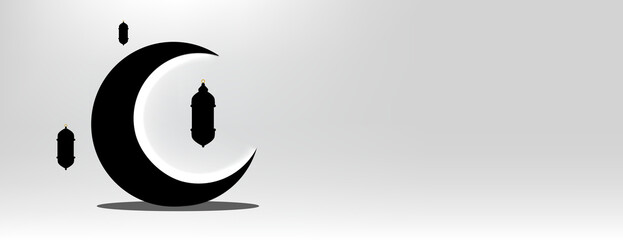 Minimalist black crescent moon and hanging lanterns on white background. Ramadan Kareem or Eid Mubarak 3D greeting card banner template with copy space. © Malindu