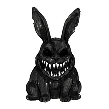 Evil scary halloween black rabbit with sharp teeth illustration