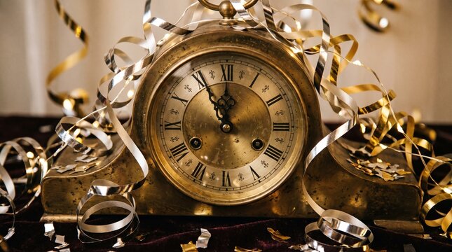 Antique golden clock with streamers and confetti marking midnight for New Year's Eve celebration