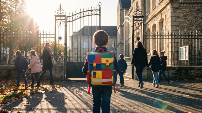 Young boy with colorful backpack walks towards school gate with other children and adults in autumn sunlight