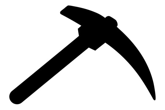 Black pickaxe silhouette isolated on white background. Mining tool icon.