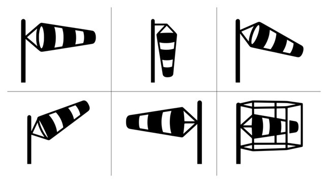 Windsock icons set with different orientations and wind speed indicators for aviation and weather