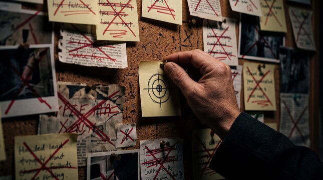 Detective places a target note on the evidence corkboard filled with clues.